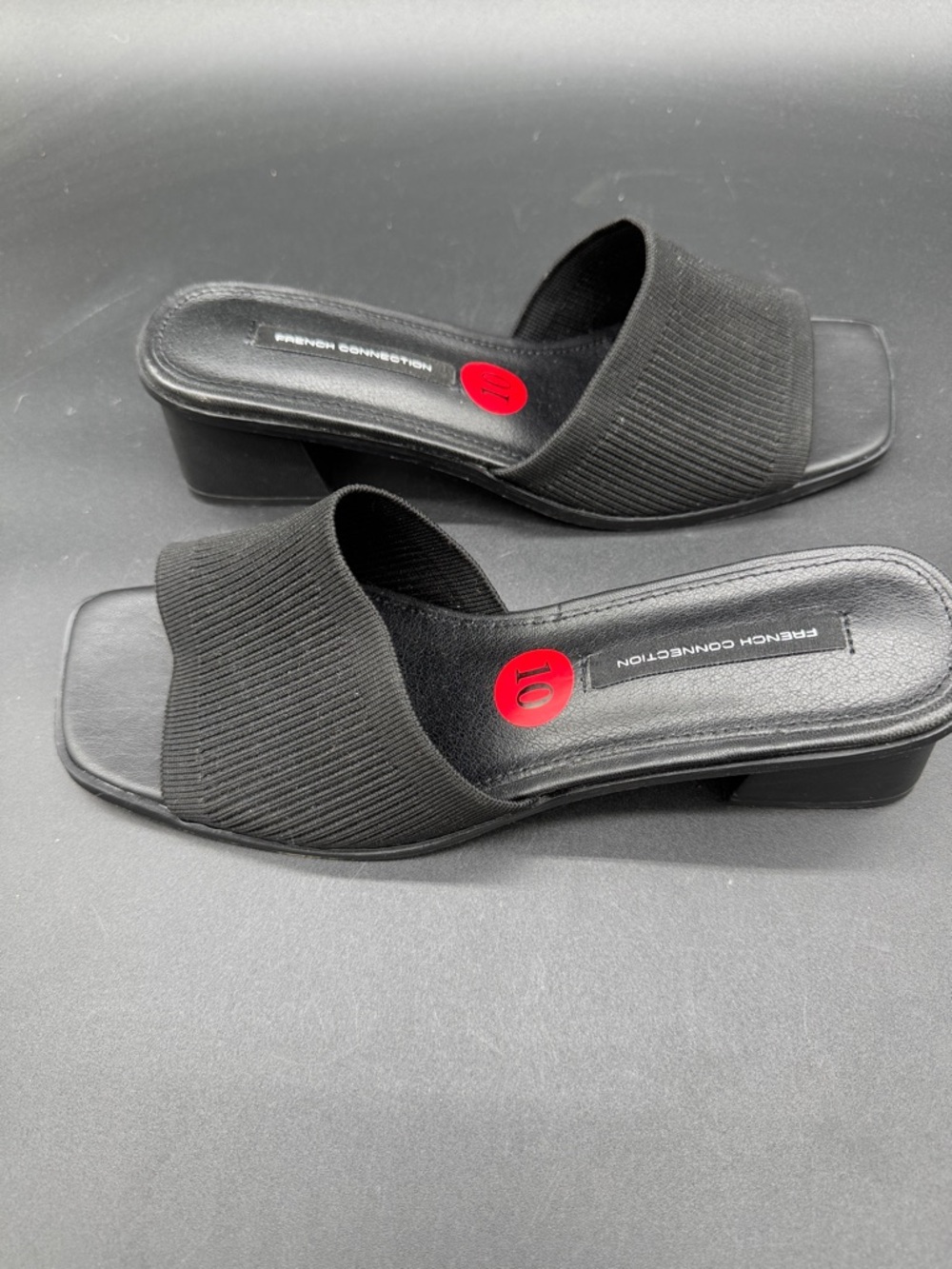 French Connection Black Ribbed Knit Square Toe Slide Mules Block Heel Size 10 - Picture 4 of 8